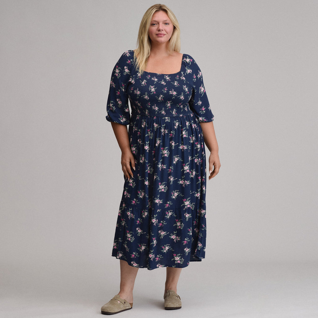 Women's Printed 3/4 Sleeve Smocked Bodice Dress