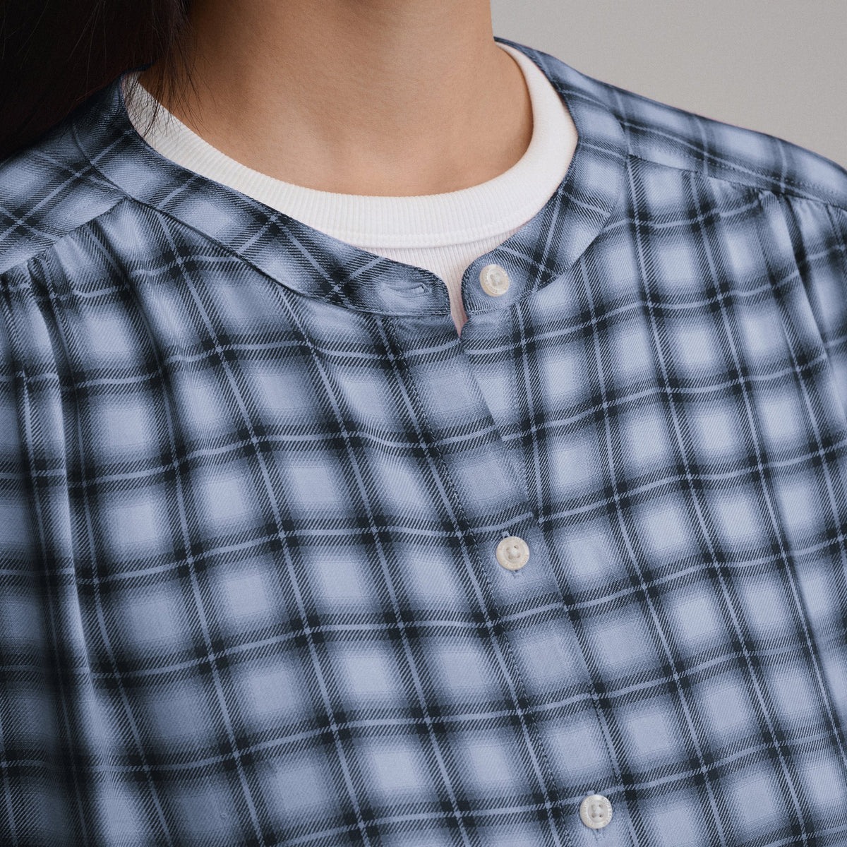 Women's Long-Sleeve Collarless Drapey Plaid Button-Down Shirt