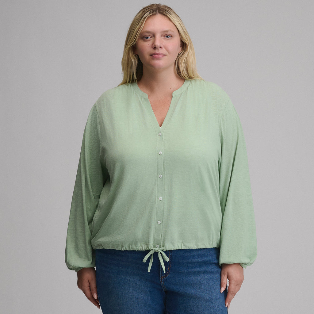 Women's Long-Sleeve Button Front Drawstring Hem Top