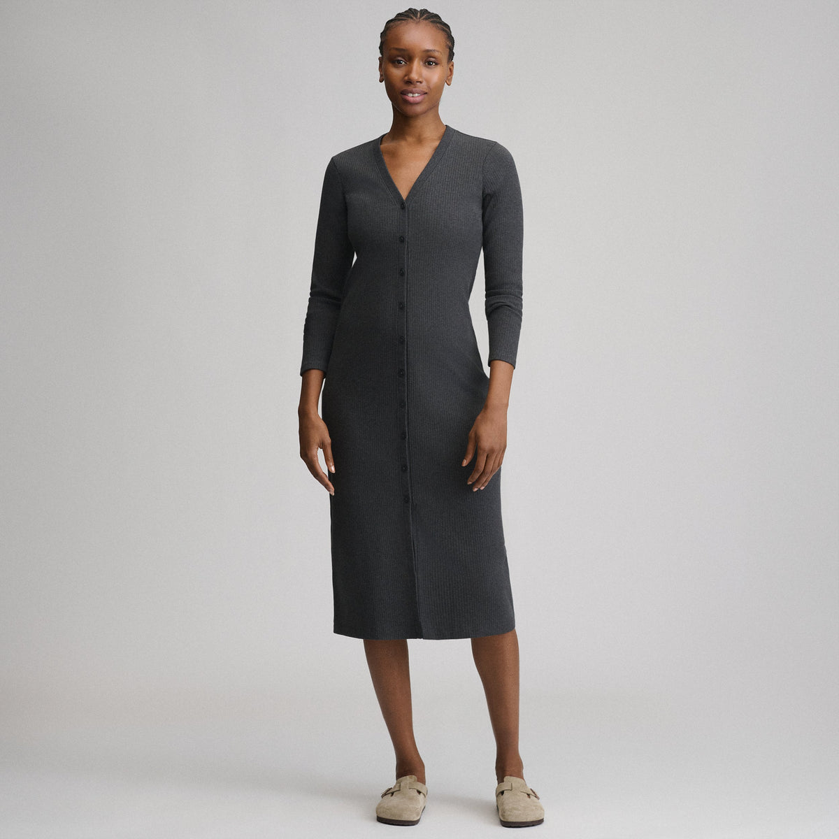 Women's Long-Sleeve Button Front Ribbed Knit Midi Dress