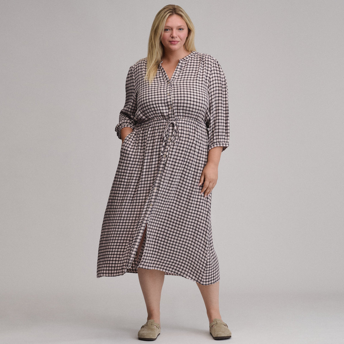 Women's Plaid Button Front Belted Midi Dress