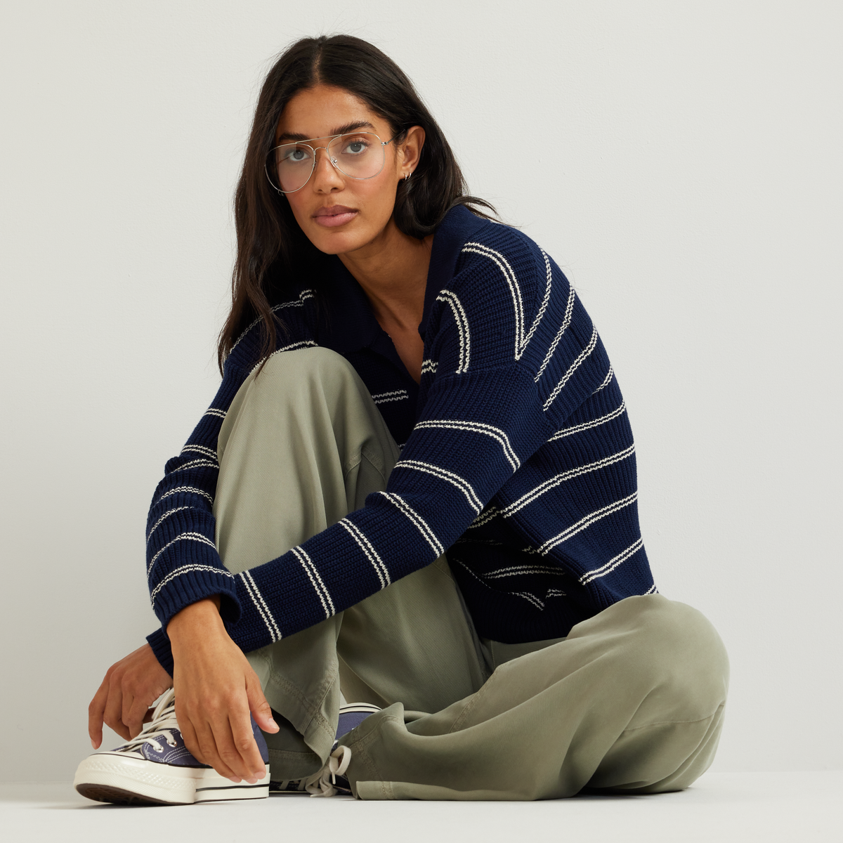 Women's Johnny Collar Striped Sweater