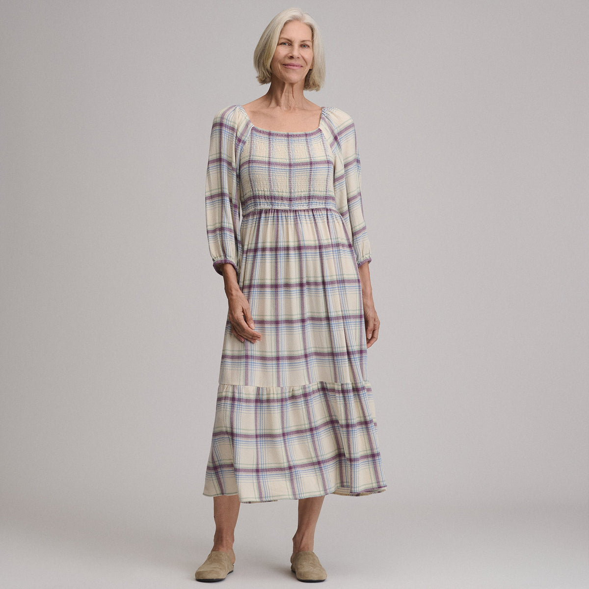 Women's Plaid 3/4 Sleeve Smocked Bodice Dress