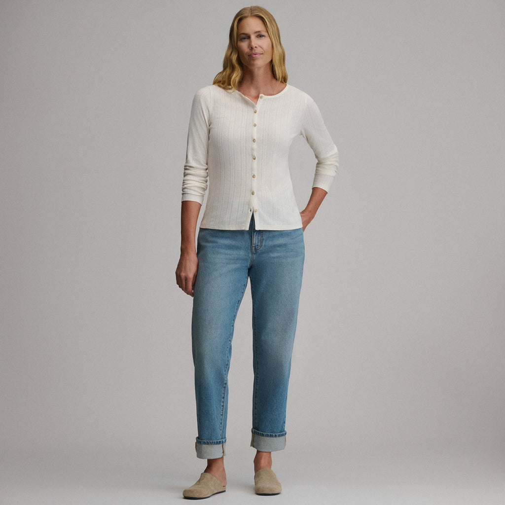 Women's Long-Sleeve Pointelle Button Front Top