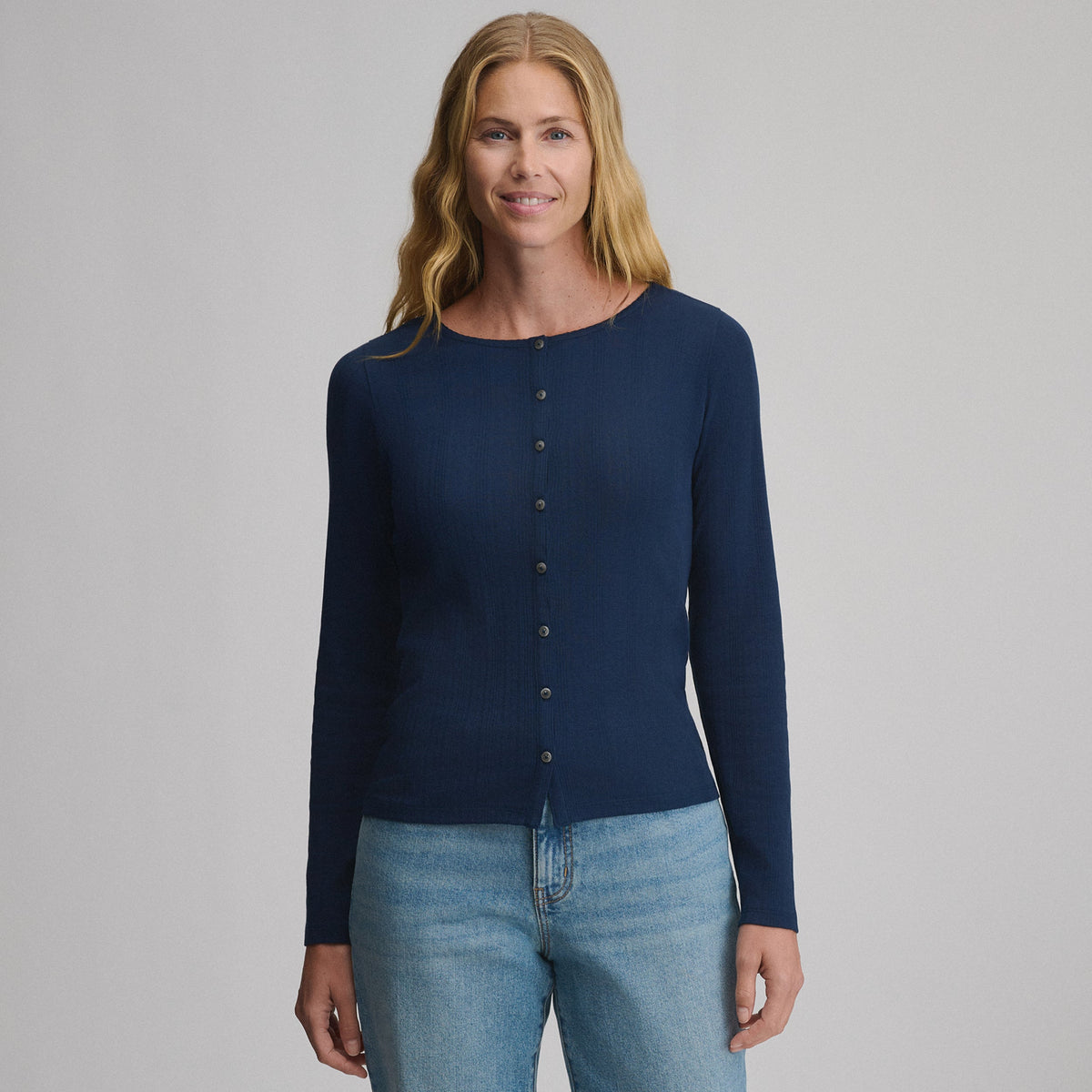 Women's Long-Sleeve Pointelle Button Front Top