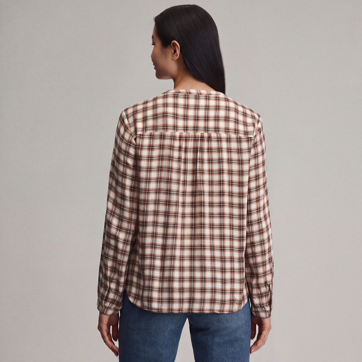 Women's Long-Sleeve Collarless Drapey Plaid Button-Down Shirt