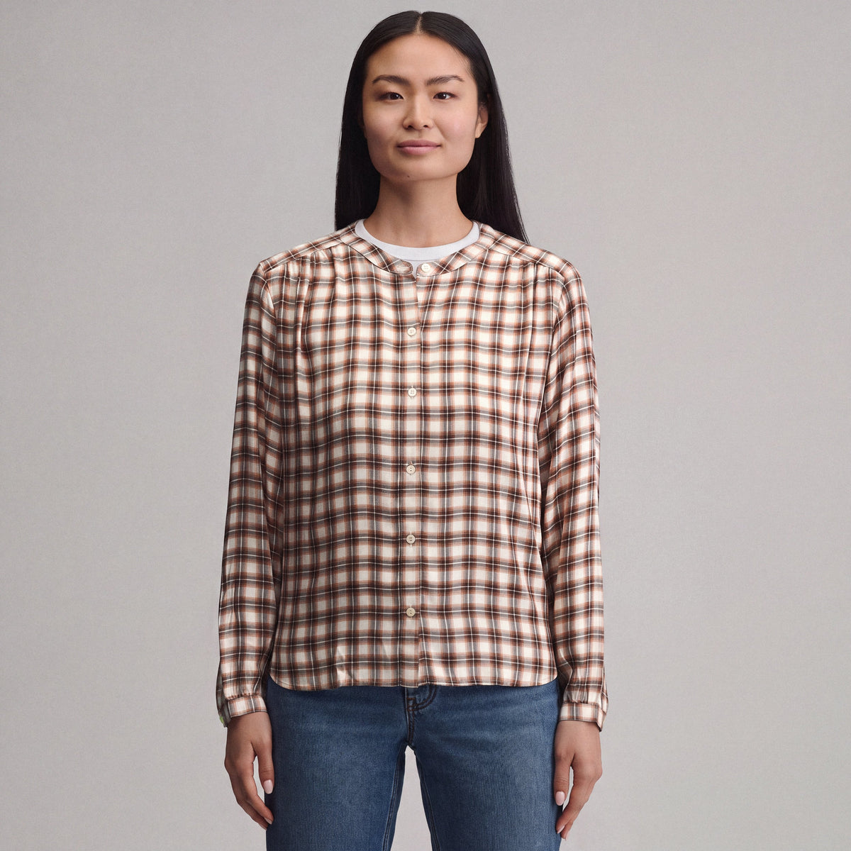 Women's Long-Sleeve Collarless Drapey Plaid Button-Down Shirt