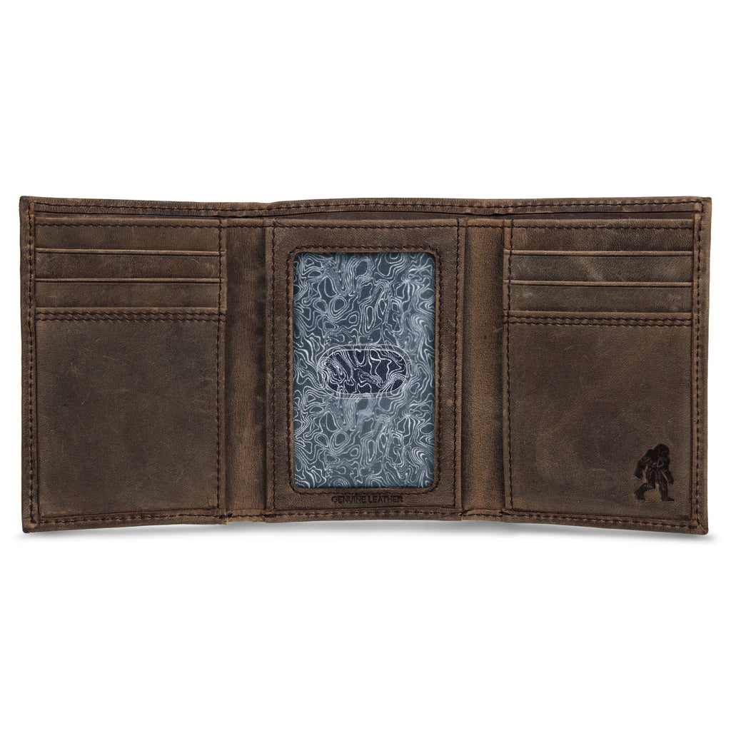 Leather Trifold Wallet With Embossed Sasquatch