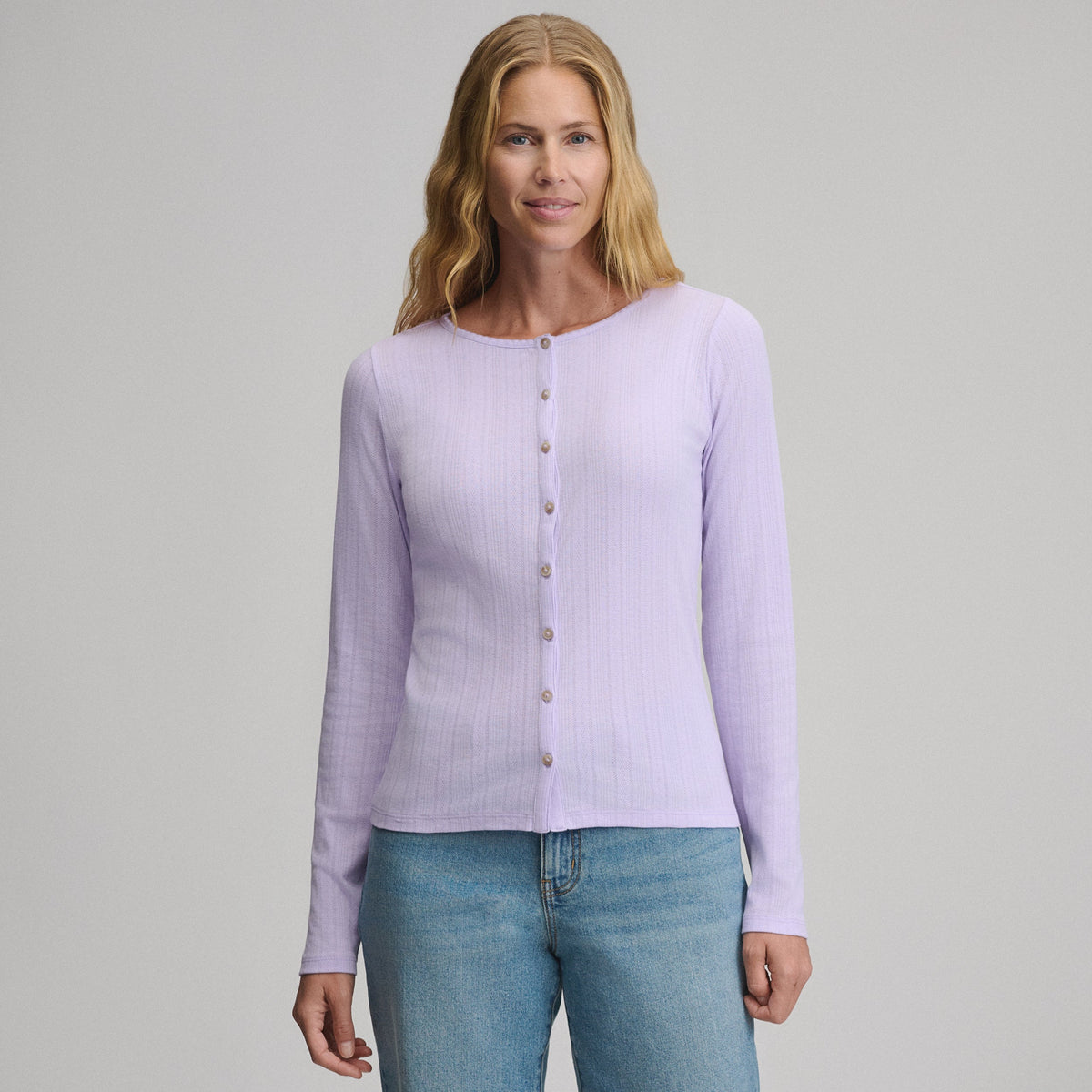 Women's Long-Sleeve Pointelle Button Front Top