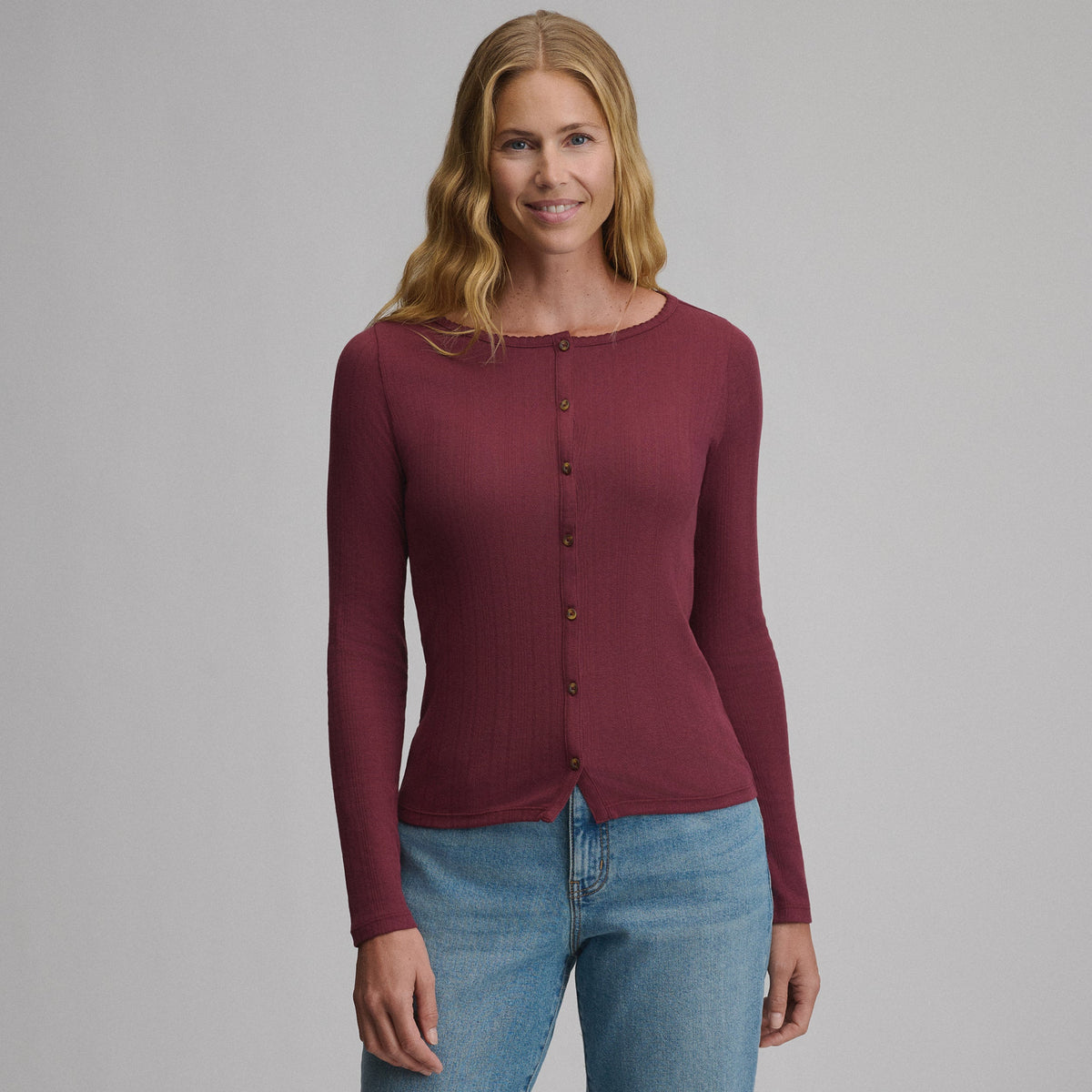 Women's Long-Sleeve Pointelle Button Front Top