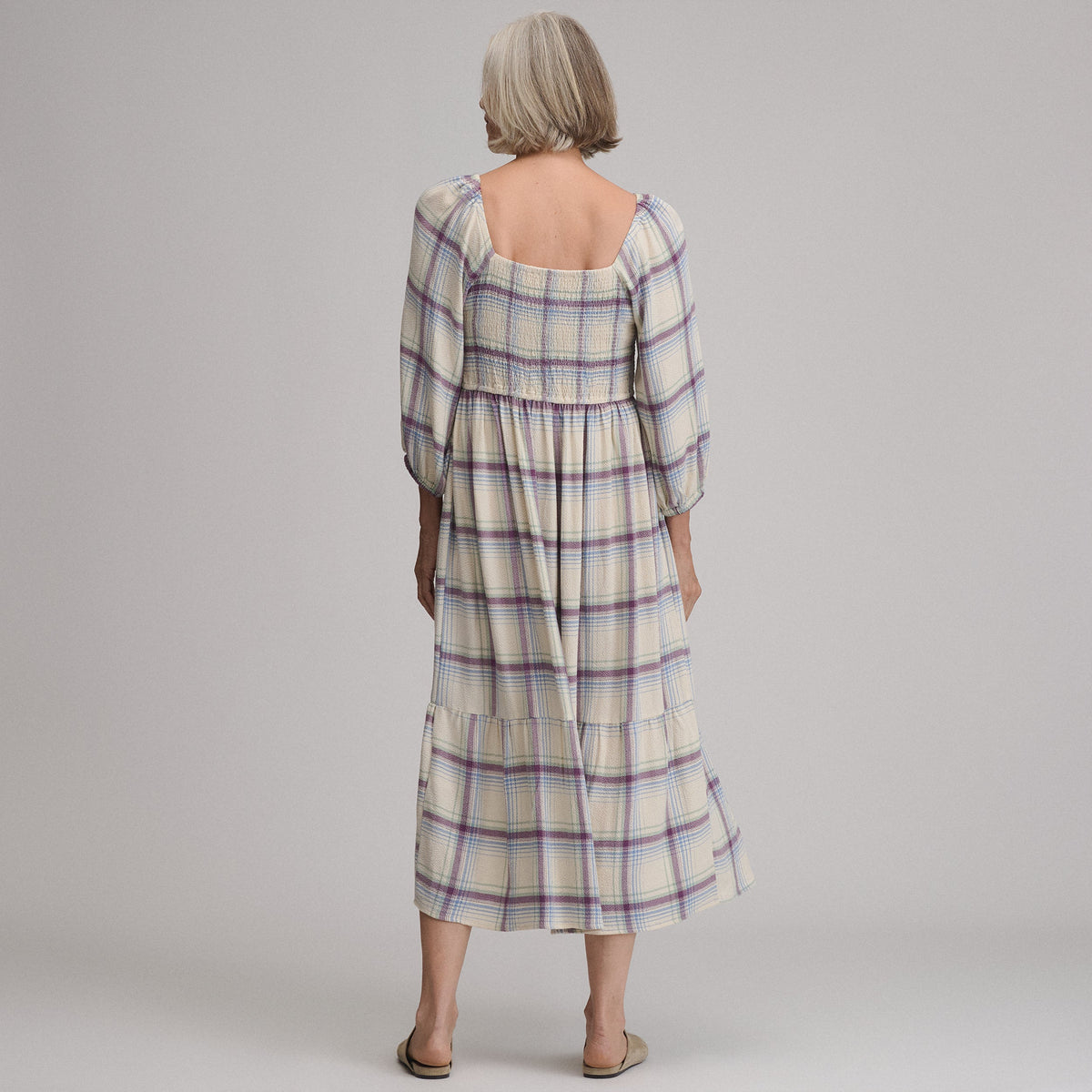 Women's Plaid 3/4 Sleeve Smocked Bodice Dress
