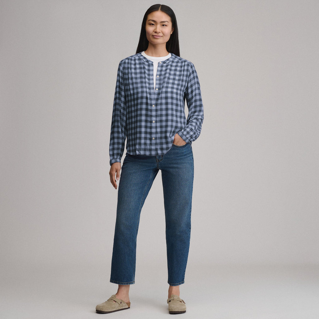 Women's Long-Sleeve Collarless Drapey Plaid Button-Down Shirt