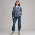 Women's Long-Sleeve Collarless Drapey Plaid Button-Down Shirt