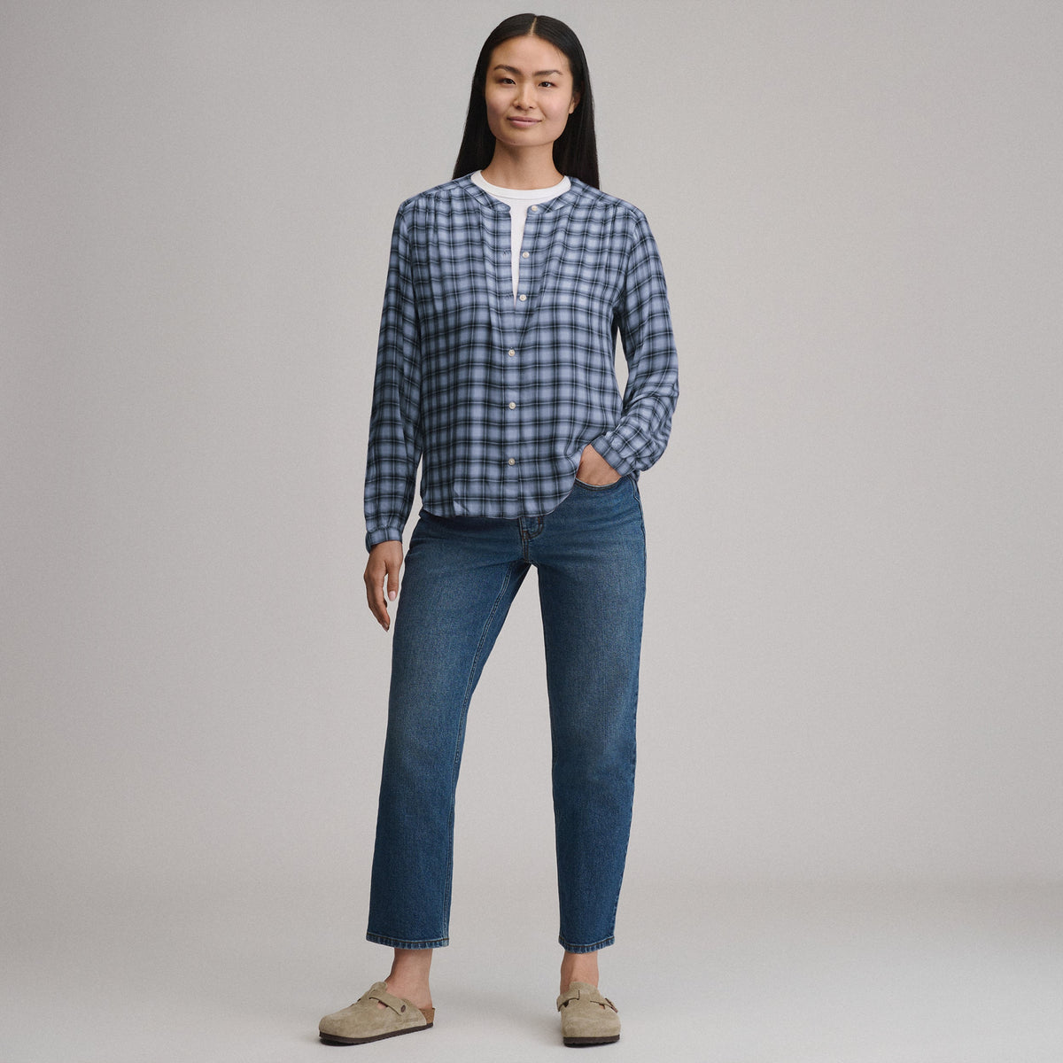 Women's Long-Sleeve Collarless Drapey Plaid Button-Down Shirt