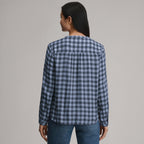 Women's Long-Sleeve Collarless Drapey Plaid Button-Down Shirt