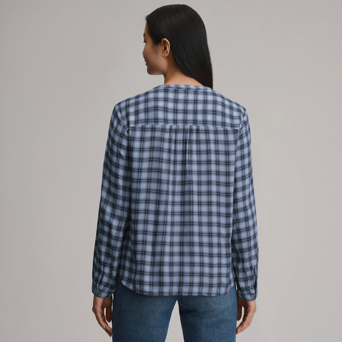 Women's Long-Sleeve Collarless Drapey Plaid Button-Down Shirt