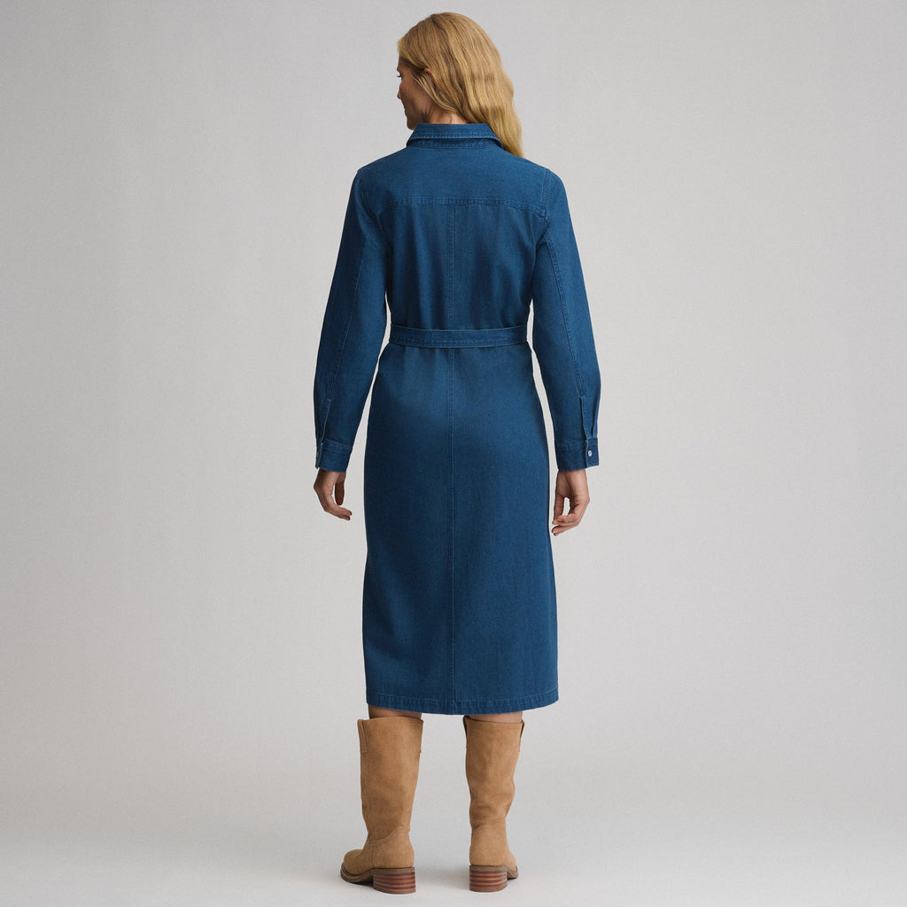 Women's Long-Sleeve Denim Button Front Belted Midi Dress