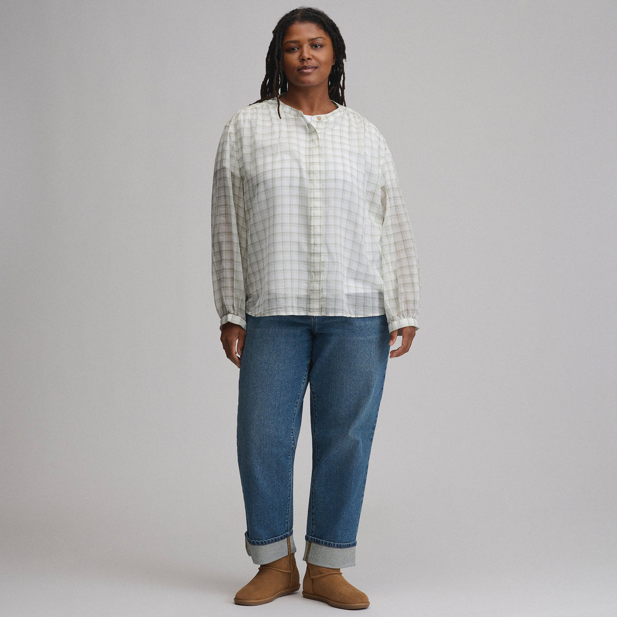 Women's Long-Sleeve Collarless Button-Down Shirt