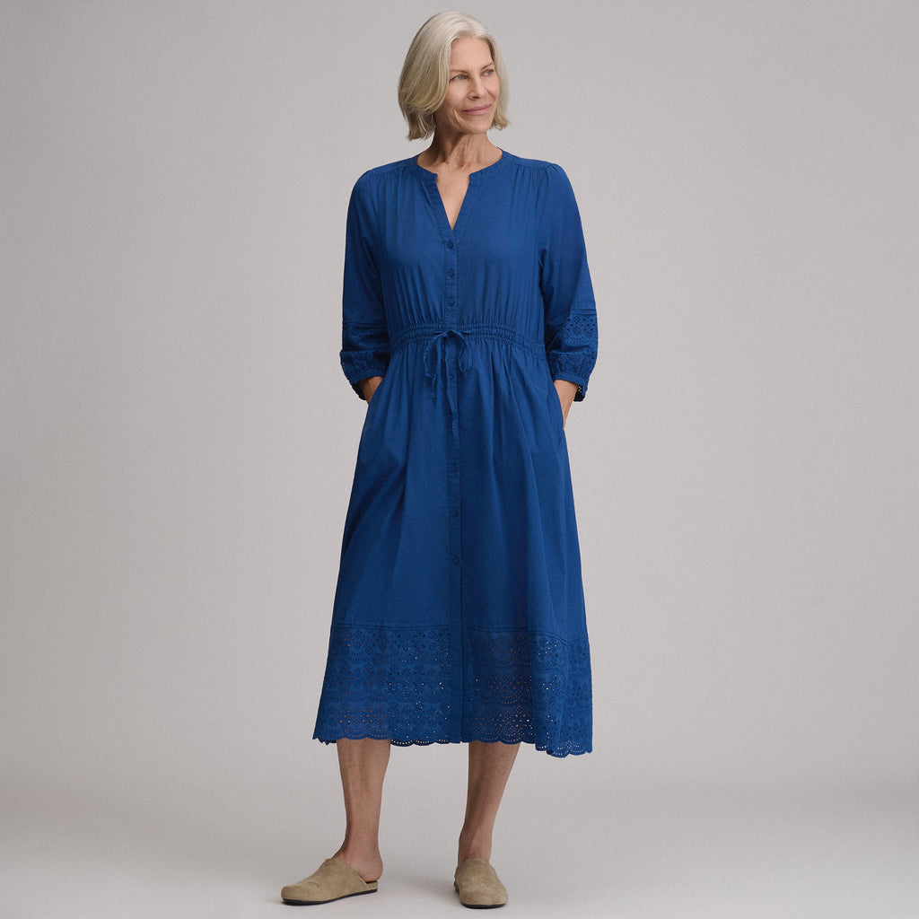 Women's 3/4 Sleeve Eyelet Button Front Belted Dress