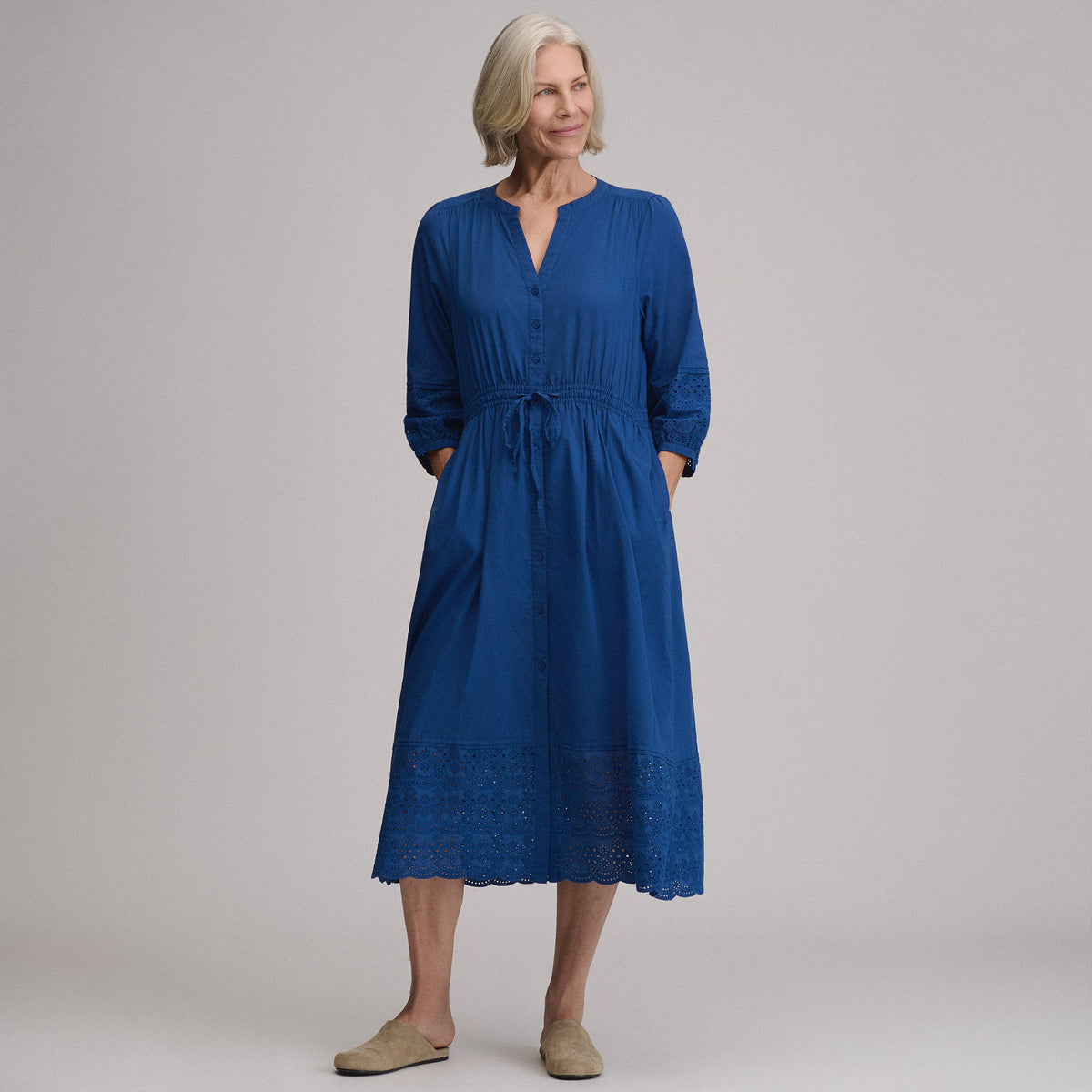 Women's 3/4 Sleeve Eyelet Button Front Belted Dress