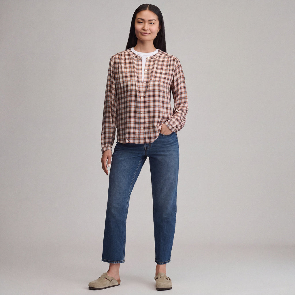 Women's Long-Sleeve Collarless Drapey Plaid Button-Down Shirt