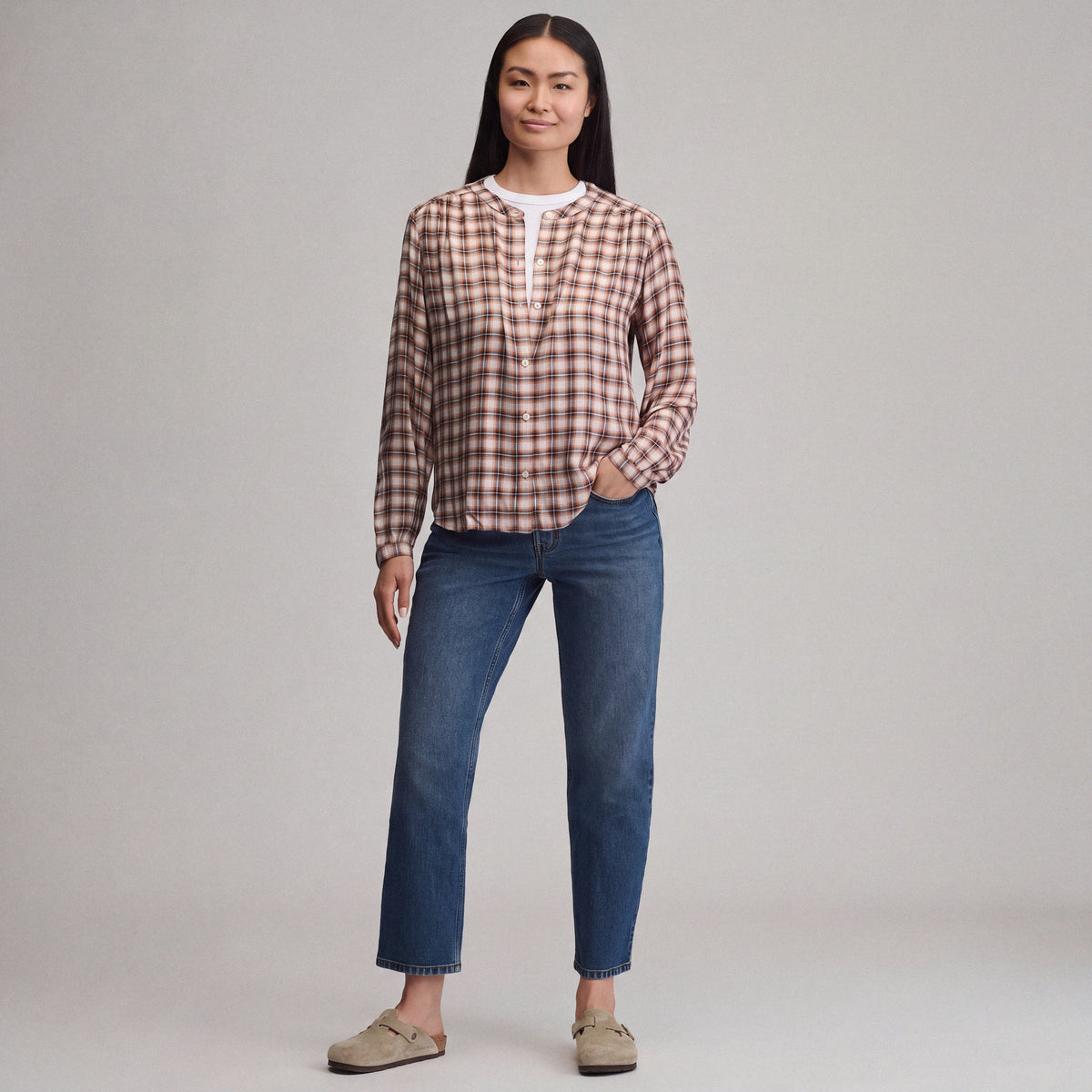 Women's Long-Sleeve Collarless Drapey Plaid Button-Down Shirt