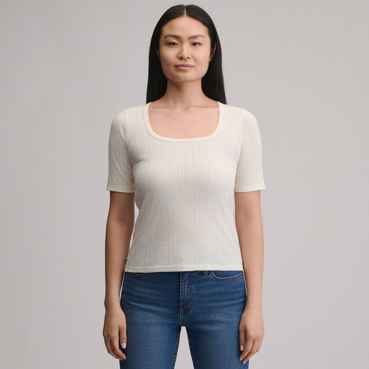 Women's Short-Sleeve Pointelle Square-Neck Crew