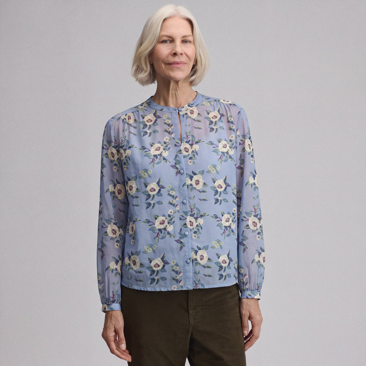 Women's Long-Sleeve Collarless Button-Down Shirt