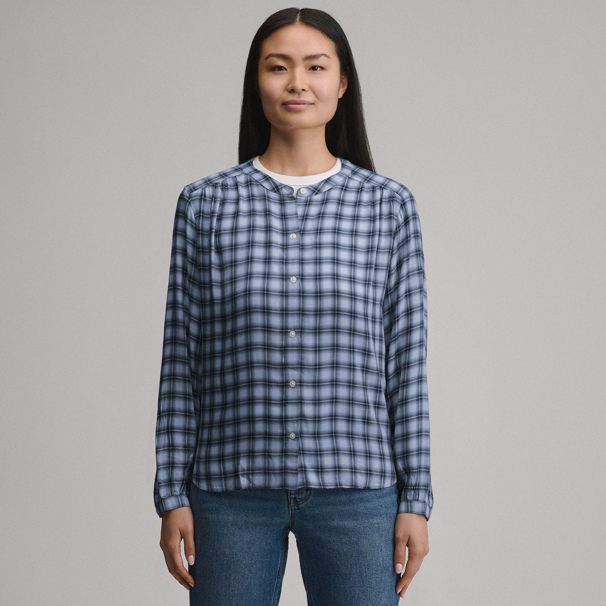 Women's Long-Sleeve Collarless Drapey Plaid Button-Down Shirt