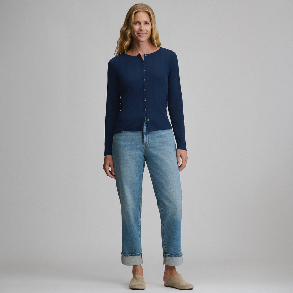 Women's Long-Sleeve Pointelle Button Front Top