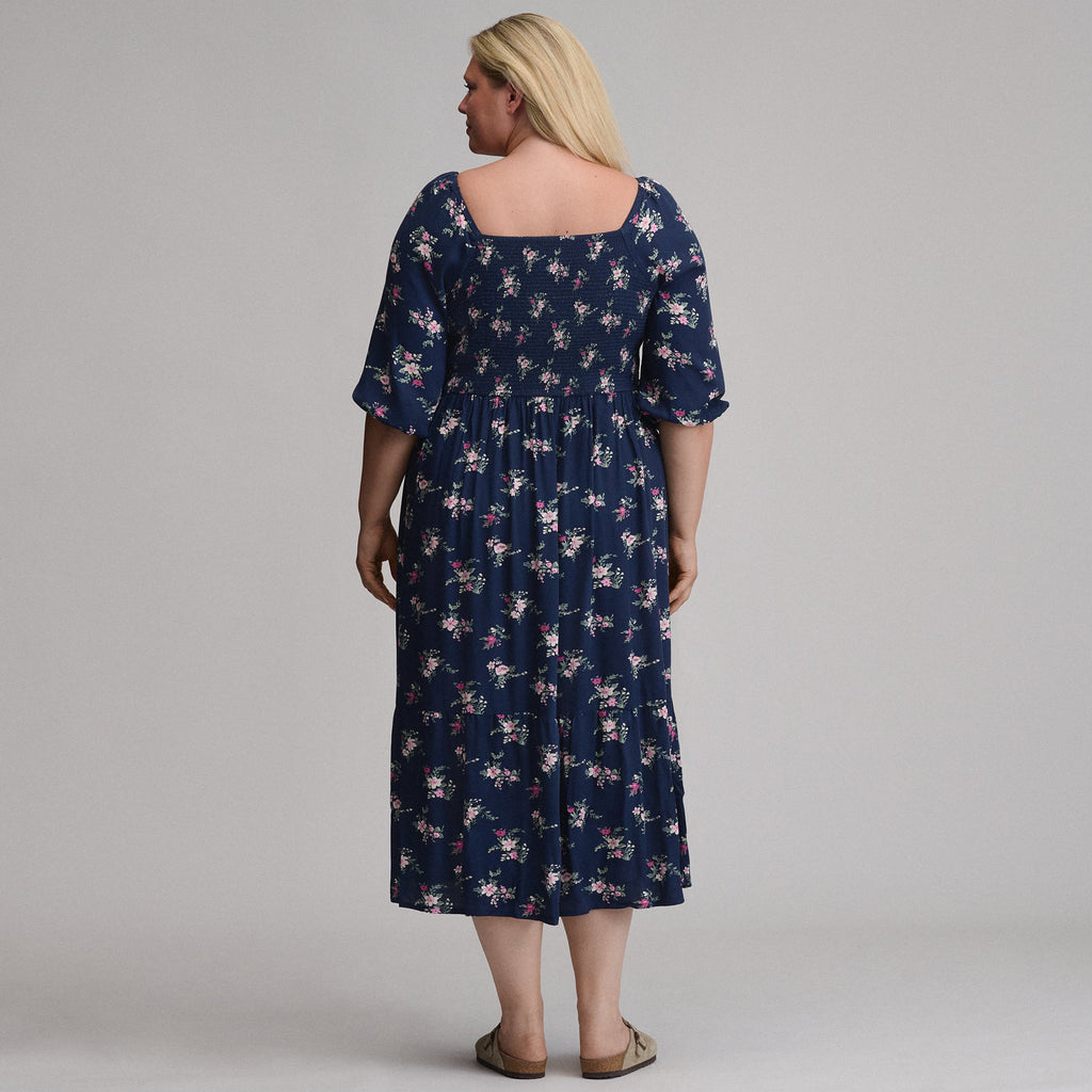 Women's Printed 3/4 Sleeve Smocked Bodice Dress