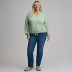 Women's Long-Sleeve Button Front Drawstring Hem Top