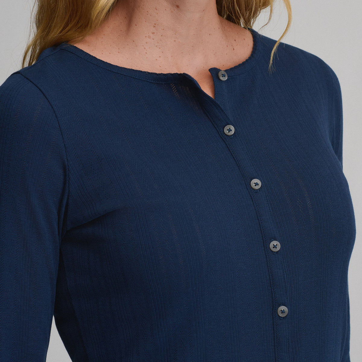 Women's Long-Sleeve Pointelle Button Front Top