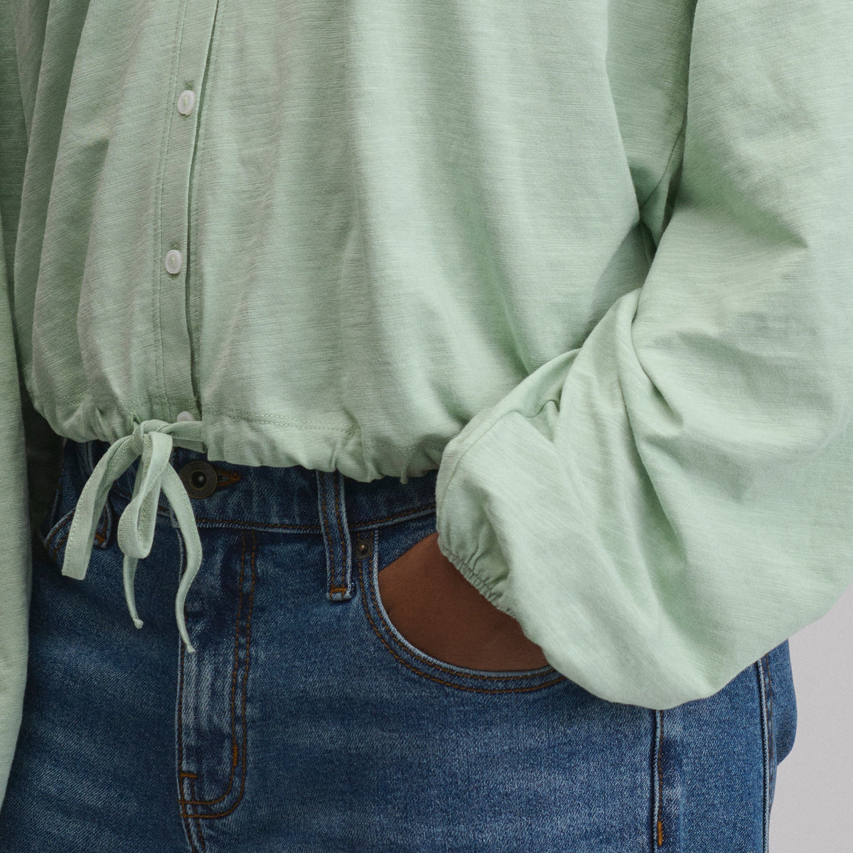 Women's Long-Sleeve Button Front Drawstring Hem Top