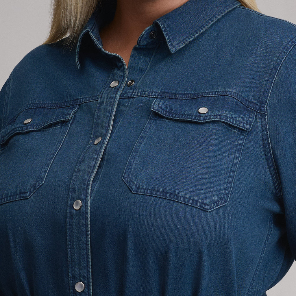 Women's Long-Sleeve Denim Button Front Belted Midi Dress