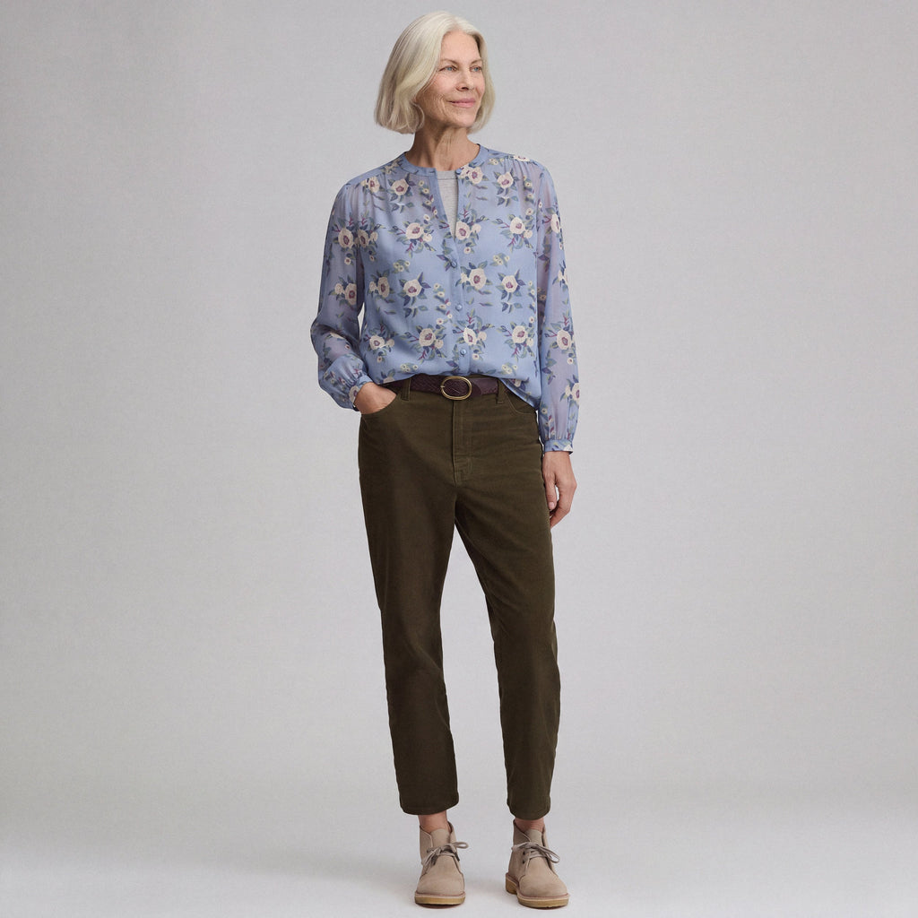Women's Long-Sleeve Collarless Button-Down Shirt