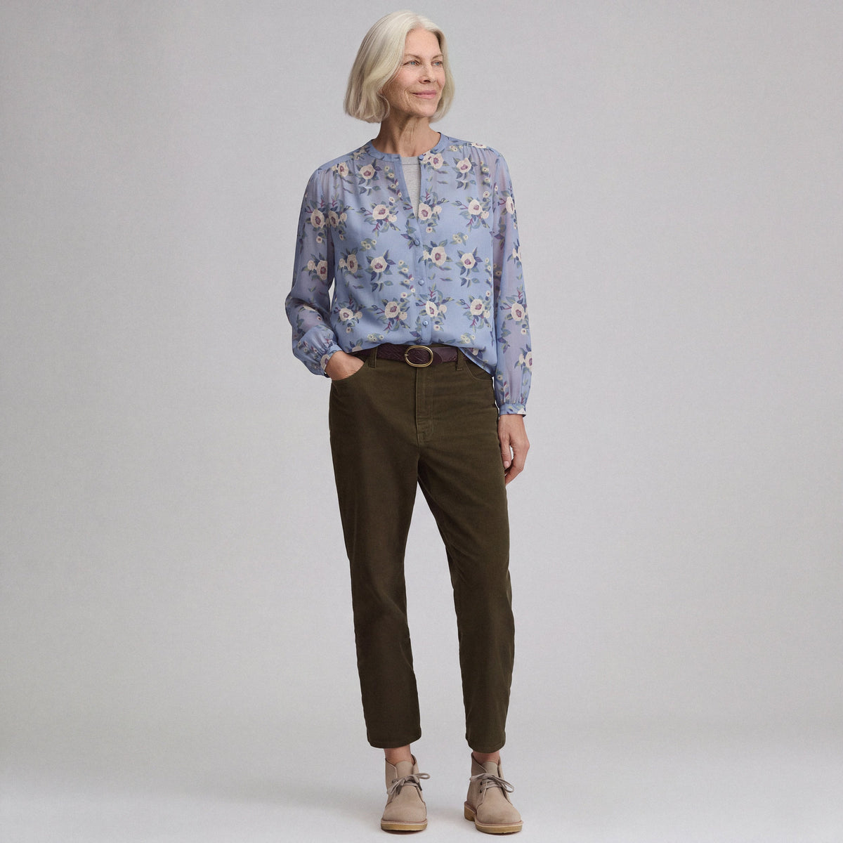 Women's Long-Sleeve Collarless Button-Down Shirt