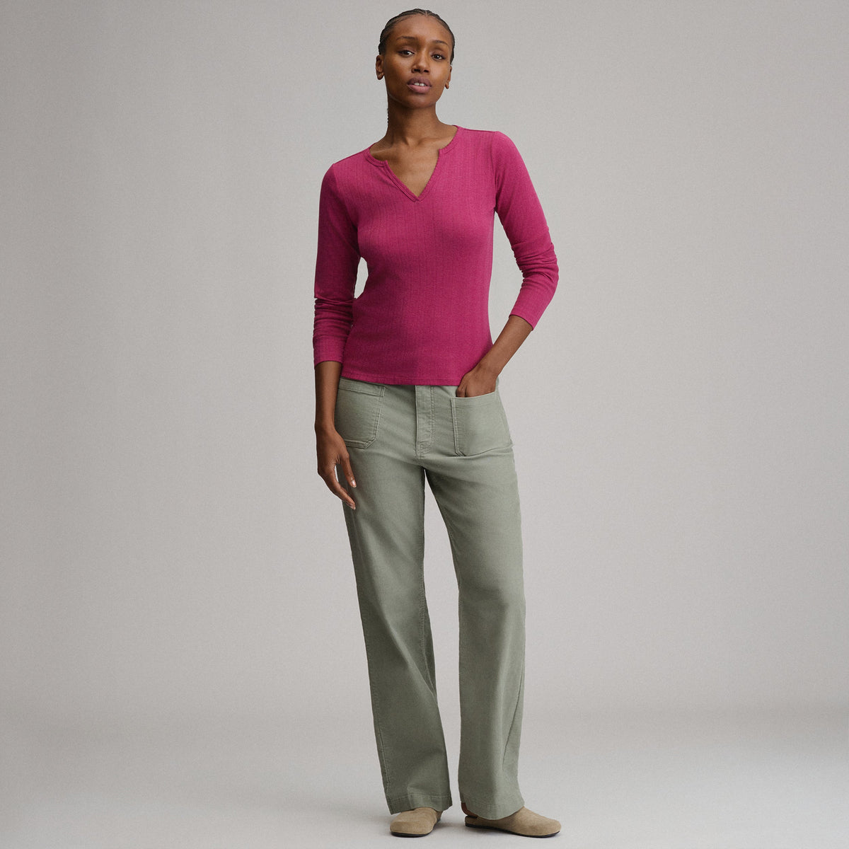 Women's Pointelle Notch-Neck Long-Sleeve Crew