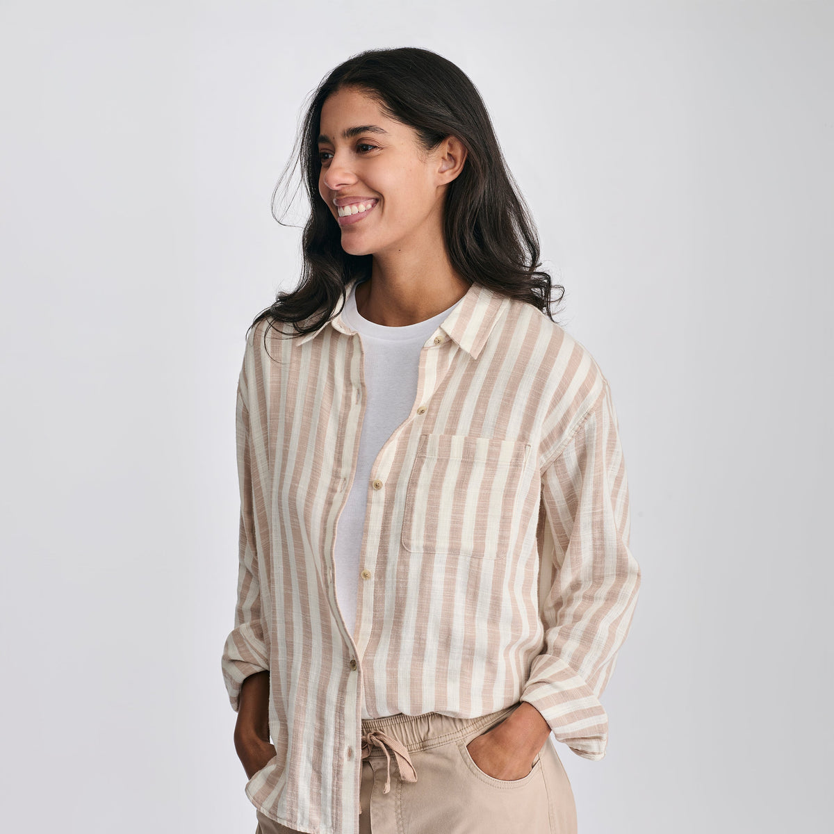 Women's Woven Stripe Cotton Long Sleeve Shirt