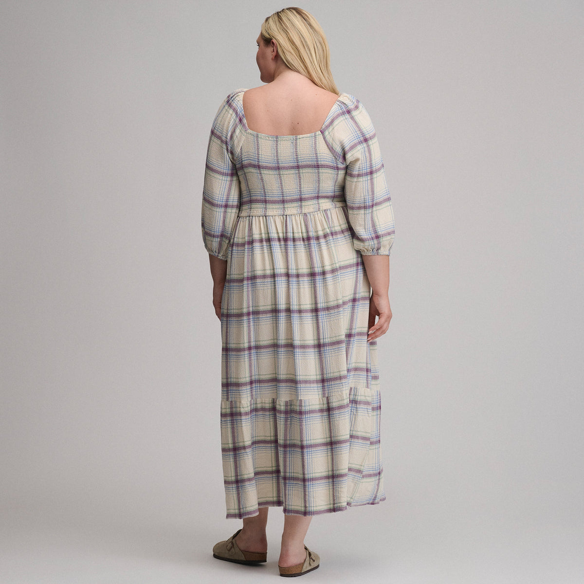 Women's Plaid 3/4 Sleeve Smocked Bodice Dress