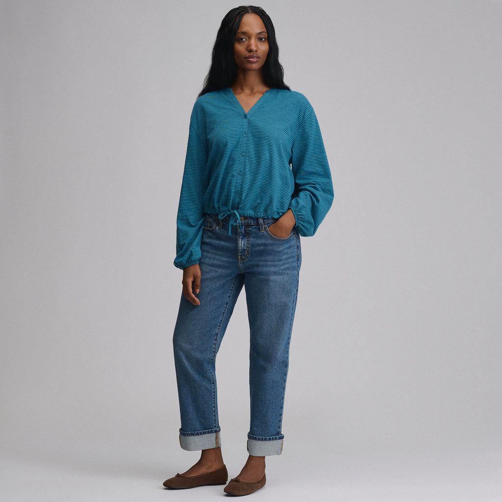 Women's Long-Sleeve Button Front Drawstring Hem Top