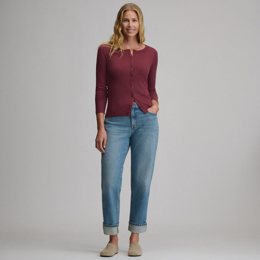 Women's Long-Sleeve Pointelle Button Front Top